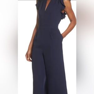 Vince Camuto Ruffle Wide Leg Crop Jumpsuit in NAVY BLUE